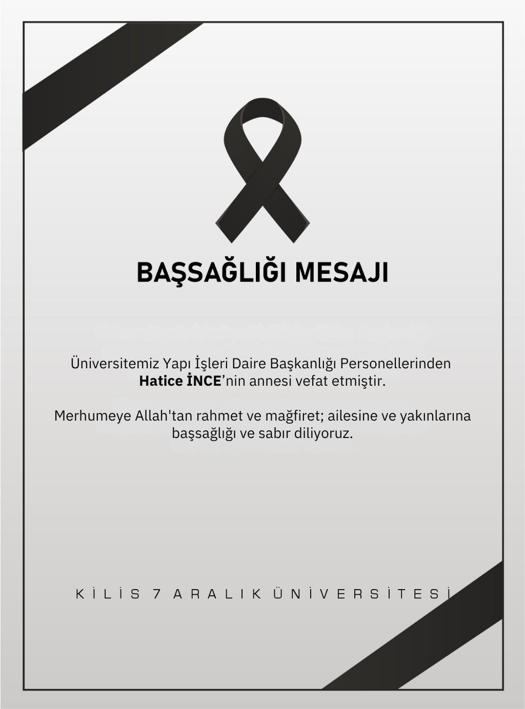 Vefat ve Başsağlığı Mesajı
